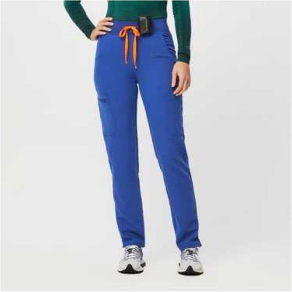 Women's Winning Blue Figs Drawstring Straight Leg Srubs with Orange Accent